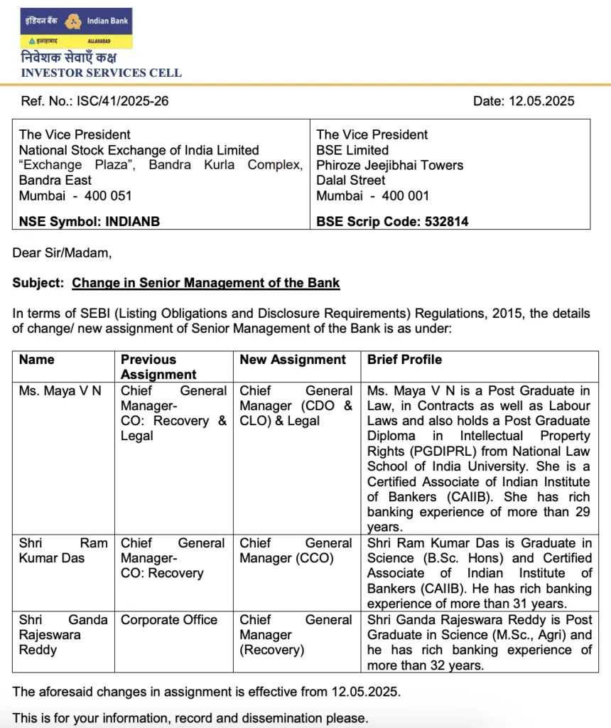 Indian Bank announces changes in Senior Management